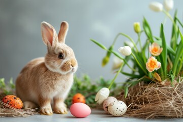 A rabbit with Easter eggs in a nest among spring tulips
