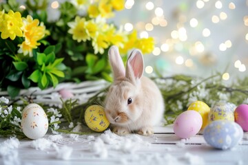 A beige bunny among Easter decorations and twinkling lights