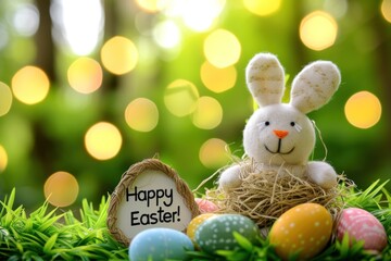 Fluffy plush bunny with 'Happy Easter!' sign surrounded by colorful eggs.
