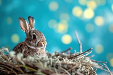 A brown rabbit peers out from a nest against a bokeh light backdrop.