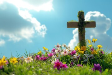 A moss-covered cross surrounded by spring flowers under a blue sky