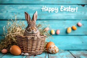 Easter banny copy space text "Happy Easter!" A gray bunny in a woven basket with Easter eggs against a blue backdrop.