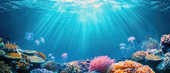 Underwater scenery, light shining through the sea, corals and fish jellyfish under the sea, beautiful blue light, background Ultra Wide Screen 21:9 banner cover copy space