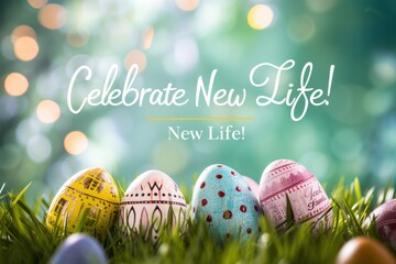 Decorated Easter eggs on grass with 'Celebrate New Life' text