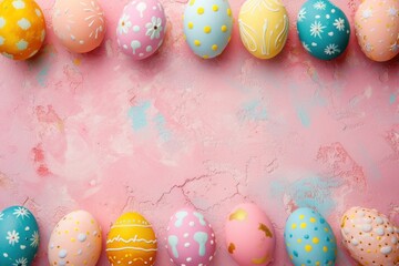 Decorated Easter eggs with white daisy accents on a weathered wood background