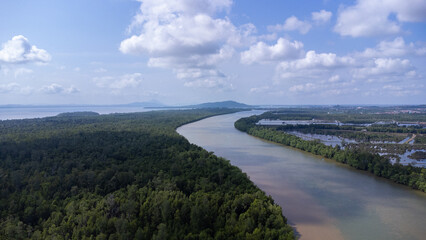 Fototapeta na wymiar Aerial view of Bird Island which is full of mangrove forests and surrounded by beautiful sea water