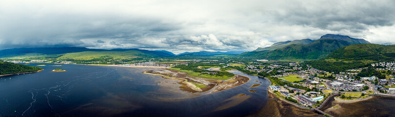 Fort William from a drone, River Lochy and Ben Nevis, Lochaber, West Highlands, Scotland, UK