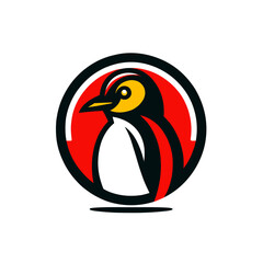 Red and Black Penguin Logo with Circle Mascot Vector Design for Antarctic Charm in a Minimal Graphic Style