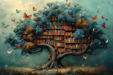 A Reading Tree with Books and Butterflies Generative AI