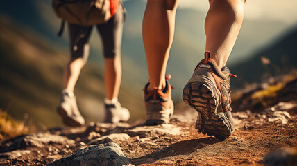close-up of the legs of men and women in sports shoes for sports and travel walking along a forest path in the mountains in summer. perspective with an emphasis on hiking shoes. active lifestyle - obrazy, fototapety, plakaty