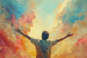 From a rear perspective, a man stands in deep worship, his arms wide open, embracing a soft, pastel watercolor sky as a backdrop. - obrazy, fototapety, plakaty