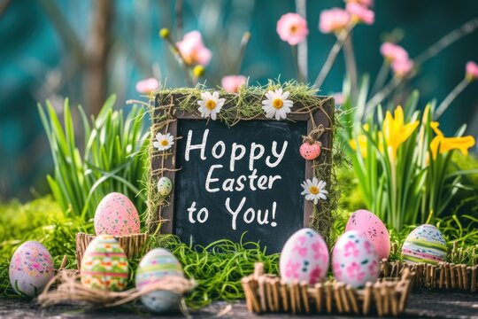 Easter celebration copy space text "Hoppy Easter to You!" Chalkboard with 'Hoppy Easter' and colorful eggs in grass.