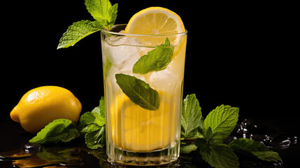 Fototapeta premium Refreshing and bright lemonade in a glass with ice on black background AI