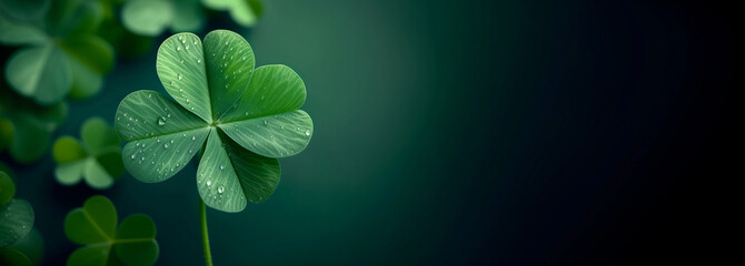 banner lucky clover with dew drops on a dark green background, shamrock saint patrick day concept