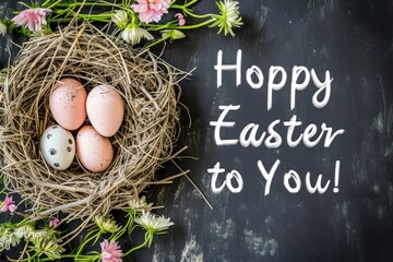 An Easter tableau with colorfully patterned eggs, a chalkboard with a cheerful message, and vibrant decorations against a rustic dark background, evoking a festive and traditional holiday mood