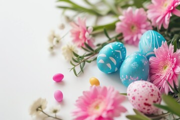 Obraz na płótnie Canvas A joyful Easter composition featuring a bouquet of pink tulips with speckled eggs on a clean white surface, highlighted by vibrant Easter decorations, portraying a bright and celebratory mood