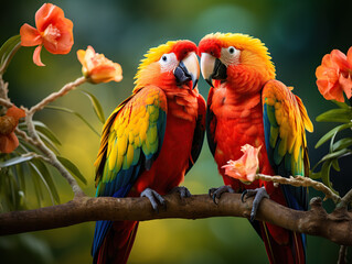 Couple of parrot cuddling on tree branch