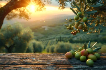 Foto op Plexiglas still life with green olives on a table in an olive grove © Александр Лобач