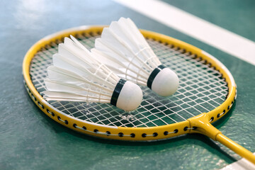 Yellow badminton racket and white badminton shuttlecock