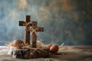 Rustic wooden crosses with the message 'He is Risen' alongside a speckled Easter egg