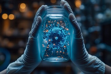 Viral Vibes: A Blue Hologram of a Virus in a Jar Generative AI
