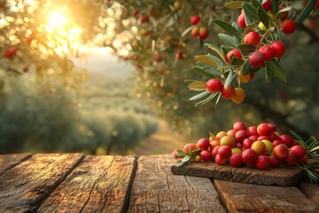 still life with red olives on a table in an olive grove - obrazy, fototapety, plakaty