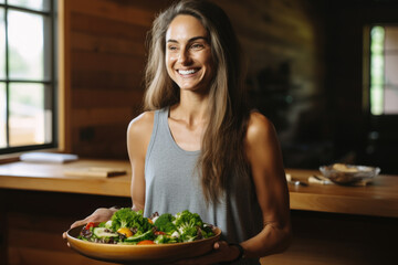 Woman Holding Plate of Food in Kitchen