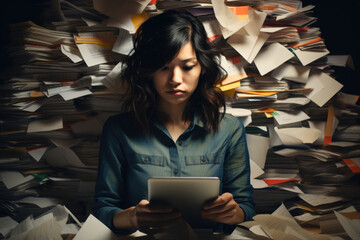 Fototapeta na wymiar Woman Holding Tablet in Front of Pile of Papers