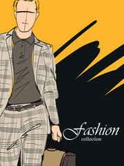 Fashion man set. Sketch of a fashion man in a jacket on a white background. Autumn man. Street style - 730897772