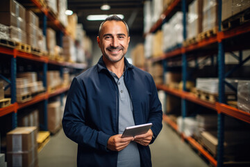 A confident warehouse manager stands in an aisle, tablet in hand, ready to optimize inventory management and operations in a well-organized storage facility.