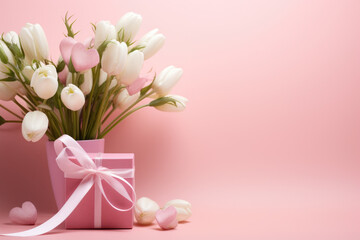 Obraz na płótnie Canvas White Tulips in Pink Gift Box