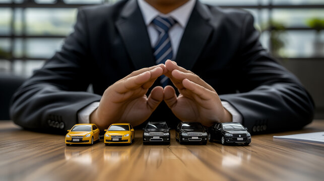 Car insurance and security concept. agent shows hands on protection and security to multiple cars.