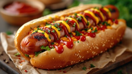 Hot dogs with a sausage on a fresh rolls garnished with mustard and ketchup