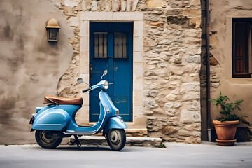 Naklejka premium Aesthetic composition of a blue scooter stationed on the streets of a small Italian village, blending simplicity, elegance, and a touch of vintage charm