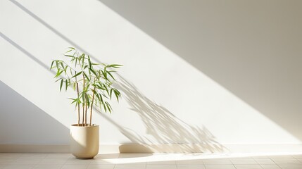 a potted bamboo in an empty room with sunlight, shadow on white wall. Home, Tradition, Lucky plants, Zen.