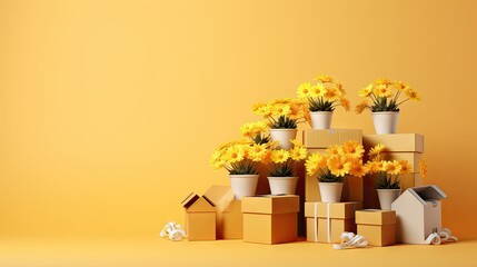 Housewarming concept with boxes, flower pot on yellow background.