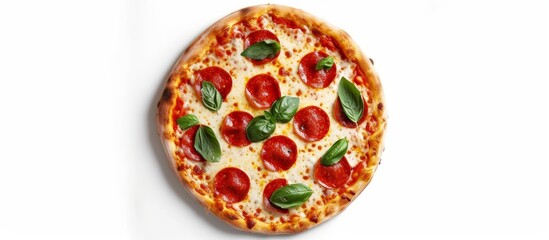 A mouthwatering California-style pizza topped with pepperoni and basil, served on a crisp white background.