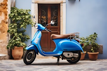 Aesthetic composition of a blue scooter stationed on the streets of a small Italian village, blending simplicity, elegance, and a touch of vintage charm