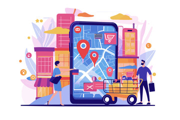Evolution of E-commerce, Transition from Traditional Retail to Online Shopping, Businessman Navigating Digital Marketplace on Giant Smartphone. - obrazy, fototapety, plakaty