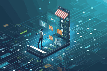 Evolution of E-commerce, Transition from Traditional Retail to Online Shopping, Businessman Navigating Digital Marketplace on Giant Smartphone. - obrazy, fototapety, plakaty