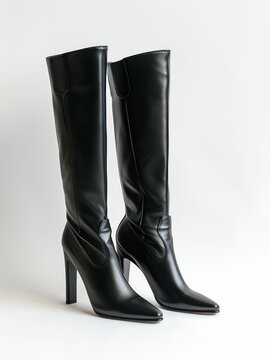 Black leather knee high boots on white background.