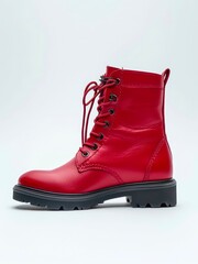 One red combat boot on white background.
