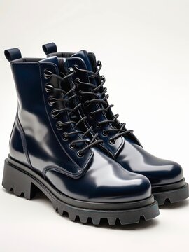 Black combat boots on white background.