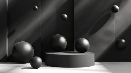 Aesthetic black podium with matte spheres of different sizes. Sun rays. Luxury concept. Dark background. Generative AI