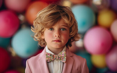 Fototapeta na wymiar Young Boy Wearing Pink Suit and Bow Tie