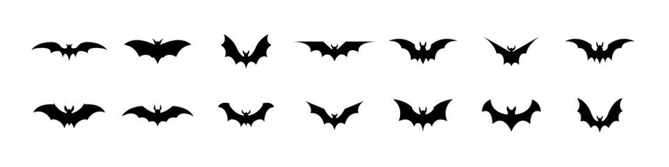 Bat silhouette set. Flying black bat icons. Halloween concept. Vector