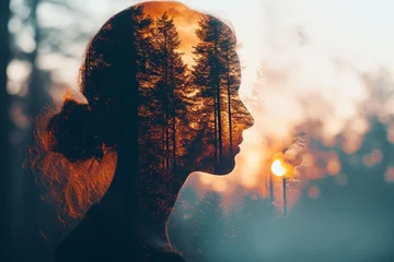 Foto op Plexiglas A double exposure effect creatively merges the outline of a woman's head with the lively details of a forest basking in the sunrise's glow © Silvana
