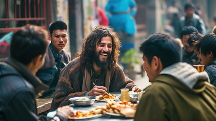 Fototapeta na wymiar Middle Eastern Jesus Smiling while eating with Chinese youth in Kunming