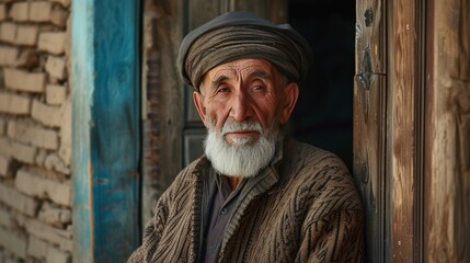 A village elder stands by the door of his house in Central Asia.