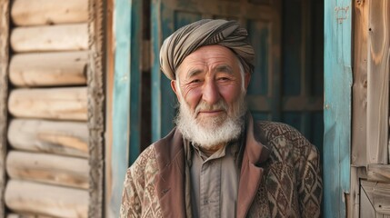 A village elder stands by the door of his house in Central Asia.